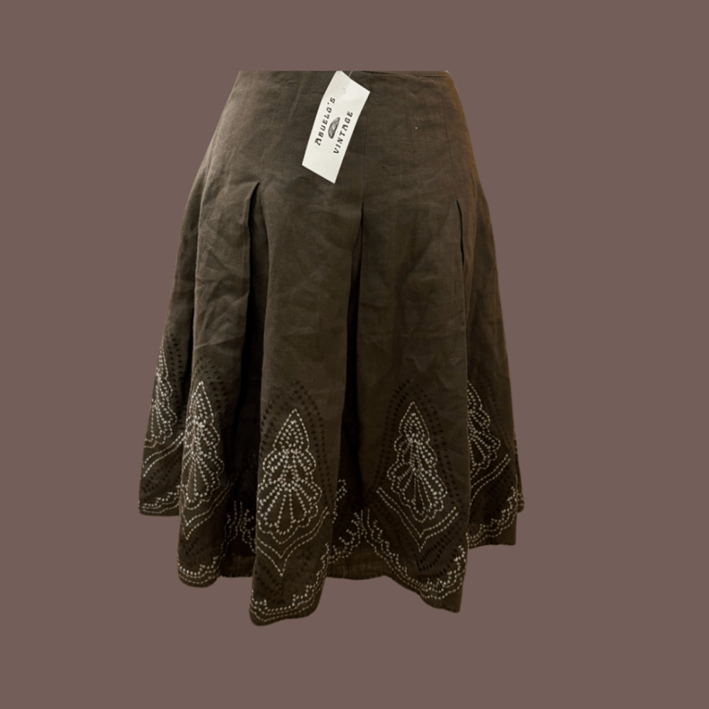Tahari Linen Skirt | Brown, Embroidered Hem | Size 8 | Vintage